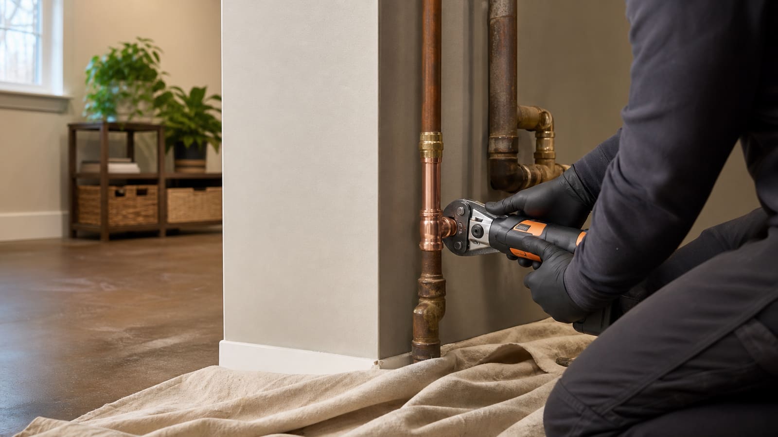Plumber repairing a copper supply pipe with press fittings